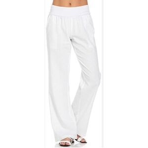 Poplooks Womens Size L White Stretch Waist Fold Over Linen Pants NWT